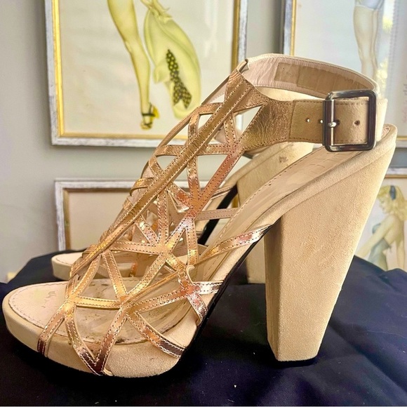 Givenchy rare suede/metallic rose gold leather block heel sandals, Sz39 1/2 - Picture 1 of 13